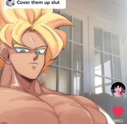 Rule 34 | 1boy, bara, commentary, cover them up slut (meme), dialogue box, dragon ball, dragonball z, english commentary, english text, final form frieza, flexing pectorals, frieza, large pectorals, light frown, looking at viewer, male focus, meme, muscular, muscular male, nipples, nude, pectorals, photo background, portrait, sake (sak3 xml), sanpaku, short hair, solo, son goku, spiked hair, super saiyan, super saiyan 1, thick eyebrows, user interface