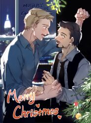 Rule 34 | 2boys, animification, avengers (series), black hair, black necktie, black pants, black vest, blonde hair, blue eyes, blue shirt, blurry, blurry background, blush, chinese commentary, christmas, christmas tree, city, clenched hand, collared shirt, commentary request, cowboy shot, english text, facial hair, fingernails, grey shirt, heart, highres, holding another&#039;s wrist, indoors, long sleeves, looking at another, male focus, marvel, marvel cinematic universe, merry christmas, mistletoe, multiple boys, necktie, night, open clothes, open mouth, open vest, orange eyes, pants, shirt, short hair, snow, standing, star (symbol), steve rogers, teeth, tony stark, tower, vest, window, yaoi, yizilu699