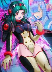 2girls black_leotard blue_lips breasts cable corruption energy_wings green_hair highres holographic_interface kiwakiwa layer_(mega_man) leotard medium_breasts mega_man_(series) mega_man_x_(series) multicolored_hair multicolored_leotard multiple_girls purple_eyes purple_wings red_eyes red_hair robot_girl solo_focus teal_(mega_man) two-tone_hair two-tone_leotard wings yellow_leotard