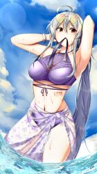 Rule 34 | 1girl, absurdres, armpits, bikini, heart, heart-shaped eyewear, highres, purple bikini, red eyes, ryusei (ster0629), sarong, sunglasses, swimsuit, vocaloid, white hair, yowane haku