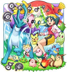 1girl alternate_color bike_shorts border celebi chikorita cleffa creatures_(company) cyndaquil dunsparce furret game_freak gen_2_pokemon grass ho-oh holding holding_poke_ball igglybuff kris_(pokemon) legendary_pokemon mythical_pokemon natu nintendo pichu poke_ball poke_ball_(basic) pokegear pokemoa pokemon pokemon_(creature) pokemon_gsc shiny_and_normal shiny_pokemon smile starter_pokemon_trio suicune togepi totodile twintails unown unown_a unown_c unown_l unown_r unown_s unown_t unown_y unownglyphics white_border