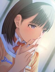 1girl anegasaki_nene blue_eyeliner blush bow bowtie breasts brown_hair dutch_angle eyeliner half-closed_eyes hand_to_own_mouth hands_up headdress highres looking_ahead love_plus makeup medium_breasts mole mole_under_eye name_tag official_art orange_bow orange_shirt own_hands_together parted_lips portrait purple_eyes raised_inner_eyebrows shirt solo turtleneck