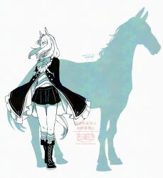 1girl animal_ears ankle_boots boots bow coat commentary_request full_body highres horse horse_ears horse_girl horse_tail limited_palette looking_to_the_side mejiro_mcqueen_(racehorse) mejiro_mcqueen_(umamusume) pleated_skirt shirt signature simple_background skirt striped_clothes striped_shirt tail umamusume uzaki_(jiro) watermark white_background