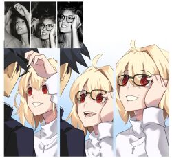 1boy 1girl ahoge arcueid_brunestud black_hair blonde_hair couple fangs glasses holding holding_removed_eyewear jewelry looking_at_another necklace open_mouth photo-referenced red_eyes school_uniform short_hair simple_background smile sweater tierra_misu tohno_shiki tsukihime tsukihime_(remake) turtleneck turtleneck_sweater unworn_eyewear upper_body vampire white_sweater