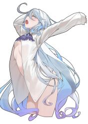 1girl ahoge arms_up ascot blue_ascot blue_hair breasts closed_eyes collared_shirt cropped_legs dress_shirt furina_(genshin_impact) genshin_impact highres long_hair long_sleeves naked_shirt open_mouth partially_unbuttoned shirt simple_background sleeves_past_wrists small_breasts solo stretching takeno_omoti very_long_hair white_background white_hair yawning