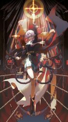 1girl arm_up arrow_(projectile) badge bell black_boots blue_jacket blue_skirt boots bow_(weapon) cape circle closed_mouth color_contrast colorful_background commentary_request floating floating_clothes floating_hair full_body fur-trimmed_jacket fur_trim glasses glint glowing glowing_eyes gold_belt green_eyes hair_bell hair_ornament hair_over_shoulder highres holding holding_pen hoshimi_junna jacket light_particles long_hair long_sleeves looking_at_viewer object_request pen pleated_skirt purple_hair qisu_zhang red_jacket shoujo_kageki_revue_starlight single_horizontal_stripe skirt solo sparkle spotlight string waist_cape weapon white_cape