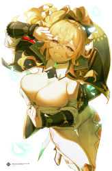 1girl absurdres belt blonde_hair blue_capelet blue_eyes blush bow breasts capelet cleavage gauntlets genshin_impact grin hair_bow highres jean_(genshin_impact) l_ract large_breasts long_hair looking_at_viewer multicolored_capelet pants ponytail sidelocks smile solo tight_clothes tight_pants white_pants