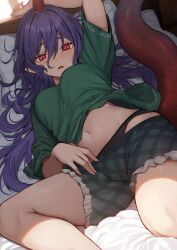 1girl arm_up bed black_panties blush breasts clothes_writing commentary_request fangs green_shirt green_shorts hair_between_eyes highres horns lizard_tail long_hair long_tail looking_at_viewer lying medium_breasts navel on_back panties pillow purple_hair red_eyes red_horns shirt short_hair shorts single_horn solo stomach tail tenkajin_chiyari touhou underwear very_long_hair wowoguni