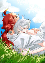 2girls absurdres blue_sky blush closed_eyes cloud commentary_request day dress earrings gundam gundam_suisei_no_majo highres hug jewelry kusattatofu long_hair miorine_rembran multiple_girls on_grass open_mouth outdoors ponytail red_hair shirt short_hair sky smile stud_earrings suletta_mercury wedding_dress white_hair white_shirt wife_and_wife yuri