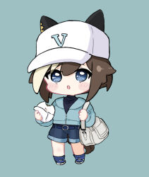 1girl :o animal_ears bag baseball_cap blue_background blue_eyes blue_jacket blue_shirt blue_shoes blue_shorts blue_socks blush_stickers brown_hair cheval_grand_(umamusume) chibi commentary_request food full_body hat highres holding holding_food horse_ears horse_girl horse_tail jacket looking_at_viewer multicolored_hair nozo_(hitomiz) parted_lips ribbed_socks shirt shoes shorts shoulder_bag simple_background socks solo standing steamed_bun streaked_hair tail umamusume white_hair white_hat