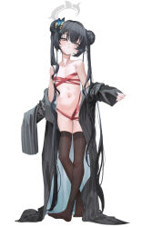 1girl absurdly_long_hair black_coat black_hair black_thighhighs blue_archive breasts butterfly_hair_ornament closed_mouth coat double_bun full_body fuyouchu grey_eyes grey_halo hair_bun hair_ornament halo highres kisaki_(blue_archive) long_hair naked_ribbon navel no_shoes ribbon simple_background small_breasts solo standing thighhighs twintails very_long_hair white_background