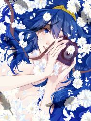 1girl blue_eyes blue_hair camera commentary_request convenient_censoring dolphin_0028 fire_emblem fire_emblem_awakening flower hair_between_eyes highres holding holding_camera long_hair looking_at_viewer lucina_(fire_emblem) nintendo nude petals solo tiara twitter_username white_flower