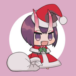 1girl bag blush_stickers capelet chibi christmas dress eyeliner fang fate/grand_order fate_(series) full_body fur_trim gift_bag hat holding holding_bag holding_sack holly horns makeup meme no_pupils oneroom-disco open_mouth padoru_(meme) purple_background purple_eyes purple_hair red_capelet red_dress red_eyeliner red_hat sack santa_costume santa_hat shuten_douji_(fate) skin-covered_horns solo standing