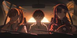 1boy 2girls arm_support black_hair black_shirt blue_eyes blue_vest bow brown_hair car_interior closed_mouth collared_shirt cross cross_necklace driving earphones enoharatoki grey_shirt hair_between_eyes hair_bow head_on_hand high_collar highres ikari_shinji jacket jewelry katsuragi_misato long_hair multiple_girls necklace neon_genesis_evangelion open_clothes open_jacket purple_hair red_bow red_eyes red_jacket red_ribbon ribbon school_uniform shirt short_hair souryuu_asuka_langley sunset twintails vest white_shirt