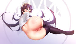 1girl absurdres aftersex anus ass ass_focus black_hair black_thighhighs blush bottomless cleft_of_venus collared_shirt crown cum cum_in_pussy extra_eyes filia_(skullgirls) hair_between_eyes highres legs living_hair long_hair long_sleeves looking_at_viewer looking_back lying novenine on_side prehensile_hair pussy red_eyes samson_(skullgirls) shirt skullgirls slap_mark solo spanked spikes sweatdrop thighhighs thighs uncensored white_shirt