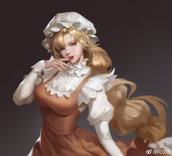 1girl a_han_ji absurdres blonde_hair breasts dress hat hataraku_saibou highres large_breasts long_hair looking_at_viewer macrophage_(hataraku_saibou) maid mob_cap red_eyes solo tongue tongue_out very_long_hair white_dress