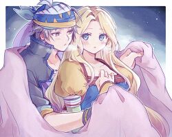 1boy 1girl bandana blanket blonde_hair blue_eyes blush breath celes_chere collarbone commentary_request couple covering_with_blanket earrings final_fantasy final_fantasy_vi grey_hair hetero holding holding_blanket jacket jewelry juliet_sleeves locke_cole long_hair long_sleeves looking_at_another multicolored_headwear multicolored_jacket outdoors pan_ff6 parted_bangs puffy_sleeves shirt short_hair short_sleeves sky star_(sky) starry_sky upper_body yellow_eyes
