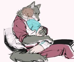 2boys aoba_johsai_volleyball_uniform brown_hair claws closed_eyes closed_mouth clothes_lift commentary fandangyu feet_out_of_frame furrification furry furry_male haikyuu!! hand_in_another&#039;s_pants hand_on_another&#039;s_back hashtag-only_commentary highres interspecies male_focus multiple_boys oikawa_tooru_(haikyuu!!) pants parted_bangs pillow purple_pants shirt_lift short_hair shorts simple_background sitting sitting_on_lap sitting_on_person sleeves_rolled_up striped_clothes striped_shorts ushijima_wakatoshi vertical-striped_clothes vertical-striped_shorts white_background wolf_boy yaoi