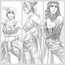 3girls alternate_costume armband braid braided_ponytail breasts bun_with_braided_base camisole cleavage closed_eyes clothes_around_waist coat column_lineup commentary crop_top denim double_bun dreadlocks earrings ermes_costello fingerless_gloves foo_fighters_(jojo) forehead_tattoo gloves greyscale grin hair_bun hands_on_own_hips hashtag-only_commentary holding holding_unworn_clothes jeans jeonjin_(mynamebazin) jewelry jojo_no_kimyou_na_bouken kuujou_jolyne medium_breasts midriff monochrome multicolored_hair multiple_girls navel navel_piercing pants piercing shirt short_hair sleeveless sleeveless_turtleneck smile stone_ocean stud_earrings sweater sweater_around_waist tied_shirt turtleneck two-tone_hair