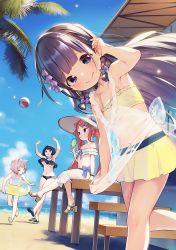 Rule 34 | 4girls, adjusting hair, animal ears, ball, barefoot, beach, beachball, bikini, bikini skirt, black hair, blue eyes, blue sky, blush, bow, breasts, cloud, cup, day, drinking glass, flat chest, frilled bikini, frills, grey hair, hair bow, hair ornament, hairclip, hat, henreader, high heels, highres, innertube, komori sana, kyou kara ore wa loli no himo!, long hair, looking at viewer, multiple girls, navel, nijou touka, non-web source, ocean, one-piece swimsuit, orange hair, outdoors, palm tree, sandals, see-through clothes, short hair, sitting, skirt, sky, smile, sonohara maya, strapless, summer, sun hat, swim ring, swimsuit, tanzawa chizuru, tree, tube top, twintails, underboob, water, white one-piece swimsuit
