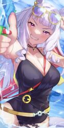 1girl absurdres animal_ears beautifulinsnow black_one-piece_swimsuit blue_sky breasts cleavage clenched_teeth cloud commentary_request day eyewear_on_head gold_ship_(run_revolt_launcher)_(umamusume) gold_ship_(umamusume) heart heart-shaped_pupils highres holding holding_water_gun horse_ears horse_girl long_hair looking_at_viewer medium_breasts ocean official_alternate_costume one-piece_swimsuit outdoors pink_eyes sky smile solo sunglasses swimsuit symbol-shaped_pupils teeth umamusume water_gun white_hair