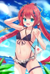 1girl alternate_costume aqua_eyes bag bare_arms bare_shoulders bikini black_bikini blue_sky blunt_bangs blunt_ends blurry blush braid breasts center-flap_bangs collarbone colored_eyelashes commentary_request cowboy_shot day depth_of_field fake_horns floating_hair frilled_bikini frills front-tie_bikini_top front-tie_top hair_ornament hairclip halterneck handbag happy highleg highleg_bikini highres horns kamiyama_shiki lens_flare long_hair looking_at_viewer minatoto navel ocean open_mouth outdoors ponytail red_hair side_braid sky small_breasts smile solo sparkle stomach summer_pockets swimsuit tassel tassel_hair_ornament thigh_strap very_long_hair