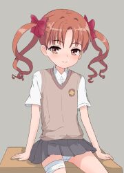 1girl blush bow brown_eyes brown_hair brown_sweater_vest cameltoe desk female_focus hair_bow highres kommandoh loli long_hair looking_at_viewer on_desk panties pantyshot red_bow school_emblem school_uniform shirai_kuroko shirt sitting skirt smile solo sweater_vest toaru_majutsu_no_index twintails underwear upskirt white_panties