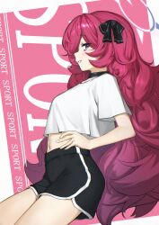 1girl absurdres black_choker black_shorts blue_archive breasts choker commentary from_side hair_ribbon halo hand_on_own_hip highres iroha_(blue_archive) long_hair looking_at_viewer midriff navel red_hair ribbon rupair shirt short_shorts short_sleeves shorts small_breasts smile solo very_long_hair white_shirt