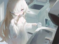 1girl absurdres bathroom blue_eyes breasts brushing_teeth chemise cleavage cup faucet film_grain hair_over_one_eye highres holding holding_cup holding_toothbrush indoors jacket long_hair long_sleeves marukaka mug multicolored_eyes one_eye_covered open_clothes open_jacket original pink_eyes sink solo toothbrush top-load_washing_machine two-tone_eyes washing_machine white_chemise white_hair white_jacket