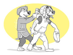 2boys animal_crossing animal_ears bodi_(rock_dog) closed_eyes commentary dog_boy dog_ears dog_nose dog_tail eclipticafusion english_commentary fangs furry furry_male glasses hat hood hood_down hooded_jacket jacket k.k._slider_(animal_crossing) male_focus monochrome multiple_boys nintendo open_mouth partially_colored rock_dog sleeveless sleeveless_jacket smile tail white_jacket yaoi