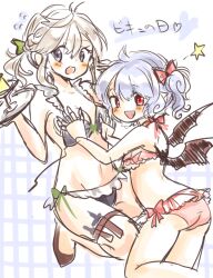 2girls alternate_hairstyle bat_wings blue_hair blush commentary_request izayoi_sakuya maru_usagi multiple_girls pointy_ears red_eyes remilia_scarlet short_sleeves simple_background smile solo touhou white_background wings