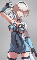 Rule 34 | 1girl, 2b (nier:automata), bandaged arm, bandaged neck, bandages, black gloves, black hairband, blue eyes, breasts, cosplay, gloves, grey background, hair over one eye, hairband, highres, kaine (nier), kaine (nier) (cosplay), large breasts, lingerie, mole, mole under mouth, negligee, nier:automata, nier (series), short hair, simple background, solo, standing, sword, sword on back, underwear, ura dora, weapon, weapon on back, white background