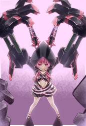 Rule 34 | 1girl, animal hood, black hoodie, black rock shooter, black rock shooter (game), black skirt, crossed belts, from above, hiememiko, hood, hoodie, mechanical arms, nafhe, pink eyes, pink hair, pleated skirt, rabbit hood, skirt, solo