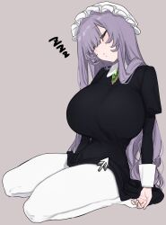 1girl black_dress blush breasts closed_eyes commentary cursor dress eurasia_(wtp09ptw14) flipped_sidelocks francoise_(eurasia) frilled_hat frills full_body gem green_brooch green_gemstone hat head_tilt highres huge_breasts juliet_sleeves long_hair long_sleeves mob_cap no_shoes original pantyhose puffy_sleeves purple_hair seiza simple_background sitting sleeping solo symbol-only_commentary very_long_hair white_hat white_pantyhose white_sleeve_cuffs zzz