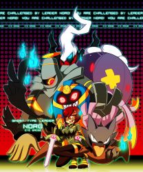 1girl ahoge artist_name artist_self-insert badge blue_eyes brown_hair choker cofagrigus commentary creatures_(company) cyclops darkrai doublade double_v drifblim dusknoir english_text game_freak gen_1_pokemon gen_4_pokemon gen_5_pokemon gen_6_pokemon ghost gloves glowing glowing_eyes grin gym_leader_badge haunter highres hitodama kneeling legendary_pokemon mythical_pokemon n0r0 nintendo norobotic one-eyed open_mouth original outline pokemon pokemon_(creature) red_eyes sharp_teeth short_hair smile symbol-shaped_pupils teeth thighhighs tongue tongue_out v yellow_eyes