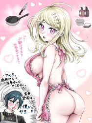 1boy 1girl ahoge akamatsu_kaede apron ass blonde_hair blood blush breasts commentary_request danganronpa_(series) danganronpa_v3:_killing_harmony fortissimo from_behind green_hair hair_ornament highres kitchen_knife large_breasts long_hair moon_(moon0771110) musical_note musical_note_hair_ornament naked_apron nosebleed open_mouth pink_apron purple_eyes saihara_shuichi short_hair sideboob translation_request yellow_eyes