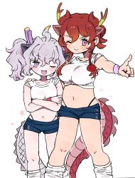 Rule 34 | 010mzam, 2girls, animal ears, blue shorts, blush, breasts, dragon ears, dragon girl, dragon horns, dragon tail, extra ears, fur-tipped tail, gym shirt, gym shorts, gym uniform, hair between eyes, highres, horns, kemono friends, kemono friends 3, large breasts, long hair, long tail, looking at viewer, medium breasts, multicolored hair, multicolored horns, multiple girls, navel, one eye closed, open mouth, purple horns, red dragon (kemono friends), red eyes, red hair, scale print, shirt, short shorts, shorts, siblings, sisters, smile, sportswear, tail, white dragon (kemono friends), white hair, yellow horns