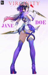 1girl absurdres animal_ears ass back_cutout bishoujo_senshi_sailor_moon black_hair blue_eyes blue_thighhighs clothing_cutout elbow_gloves english_text from_behind full_body gloves highres holding holding_weapon jane_doe_(zenless_zone_zero) looking_at_viewer looking_back magical_girl miniskirt mouse_ears mouse_girl mouse_tail multicolored_hair purple_skirt red_hair sailor_senshi_uniform short_hair simple_background skirt solo standing tail tail_around_own_leg thighhighs thighs tony_maverick weapon white_background white_gloves zenless_zone_zero
