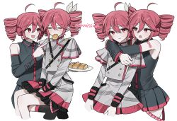 :d absurdres ahoge baguette bare_shoulders belt black_belt black_shirt black_skirt black_sleeve_cuffs black_sleeves black_thighhighs blush bow bread buttons closed_eyes closed_mouth cropped_legs detached_sleeves double-breasted double-parted_bangs drill_hair dual_persona eating embarrassed food fork grey_jacket grey_skirt hair_between_eyes hair_bow hair_ribbon highres holding holding_fork hug hug_from_behind jacket kasane_teto kasane_teto_(sv) layered_skirt layered_sleeves long_sleeves miniskirt multiple_views number_tattoo open_mouth plate pleated_skirt red_belt red_eyes red_skirt red_tattoo red_trim ribbon shirt shoulder_belt shoulder_boards shoulder_tattoo sitting sitting_on_person skirt skirt_set sleeveless sleeveless_shirt smile sono_(sanch1_88) striped_clothes striped_jacket striped_shirt synthesizer_v tattoo thighhighs twin_drills utau white_bow white_ribbon