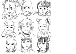 6+girls aida_rikako black_hair close-up dress furihata_ai hat inami_anju kobayashi_aika kurosawa_dia looking_at_viewer love_live! love_live!_sunshine!! medium_hair monochrome multiple_girls official_alternate_costume ohara_mari saito_shuka sketch suwa_nanaka takatsuki_kanako voice_actor