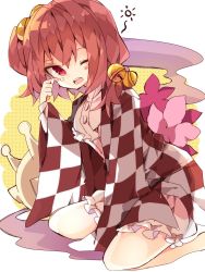 1girl ;o bell between_legs blush checkered_clothes checkered_shirt clenched_hand commentary dress flower foot_out_of_frame frilled_dress frills hair_bell hair_ornament hand_between_legs hand_up highres long_sleeves looking_at_viewer medium_hair motoori_kosuzu nikorashi-ka one-hour_drawing_challenge one_eye_closed one_side_up open_clothes open_mouth open_shirt orange_hair purple_flower red_eyes red_shirt seiza shirt sitting slug solo sun tearing_up teeth touhou two-tone_shirt white_dress white_shirt wide_sleeves