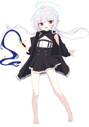 1girl absurdres barefoot character_request check_character check_copyright copyright_request halo highres jacket long_hair open_clothes open_jacket pleated_skirt pointy_ears red_eyes simple_background skirt solo user_yths2234 white_hair