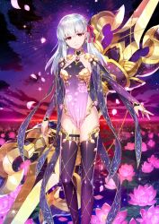 1girl arm_at_side bikini bikini_bottom_only black_collar breasts closed_mouth collar collarbone covered_navel detached_sleeves earrings expressionless fate/grand_order fate_(series) feet_out_of_frame flower flower_request game_cg gold_bikini gold_ring gold_trim gradient_clothes gradient_shirt groin hair_ribbon halterneck head_tilt jewelry kama_(fate) kama_(second_ascension)_(fate) long_hair long_shirt long_sleeves looking_at_viewer medium_breasts multiple_rings night night_sky official_art outstretched_arm pink_flower pink_ribbon purple_shirt purple_sleeves purple_thighhighs red_eyes redrop ribbon ring shirt side_slit sky solo swimsuit thigh_strap thighhighs third-party_source variant_set water weapon white_hair