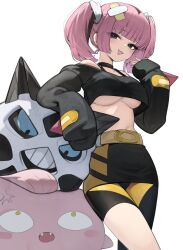 1girl :3 absurdres anger_vein bandaid bandaid_hair_ornament belt black_choker black_eyes black_hair black_shirt black_skirt blush bra_strap breasts choker commentary_request coral_(pokemon) crop_top crop_top_overhang crossed_bandaids fang fangs feet_out_of_frame gen_3_pokemon glalie hair_ornament hand_up highres large_breasts long_sleeves looking_at_viewer multicolored_hair navel nintendo nogong off-shoulder_shirt off_shoulder open_mouth pink_hair pokemon pokemon_(anime) pokemon_(creature) pokemon_horizons scream_tail shirt simple_background skirt sleeves_past_fingers sleeves_past_wrists smile standing streaked_hair twintails two-tone_hair underboob white_background yellow_belt