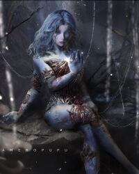 1girl ameropupu artist_name bare_shoulders blood blood_on_arm blood_on_body blood_on_face blue_hair blue_skin blurry blurry_foreground closed_mouth collarbone colored_skin commentary cracked_skin crossed_legs doll_joints elden_ring english_commentary extra_arms feet_out_of_frame highres jewelry joints light_particles lips looking_at_viewer medium_hair one_eye_closed outstretched_arm ranni_the_witch ring rope silk sitting solo sparkle spider_web thighs wavy_hair