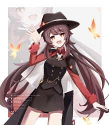 Rule 34 | 1girl, 606 haochuangshangren, alternate costume, black cape, black hat, black nails, black skirt, black vest, bright pupils, brown eyes, brown hair, bug, butterfly, cape, collared shirt, cowboy shot, flower, flower-shaped pupils, genshin impact, hat, hat flower, highres, hu tao (genshin impact), insect, long hair, long sleeves, looking at viewer, nail polish, open mouth, red shirt, shirt, skirt, solo, symbol-shaped pupils, twintails, very long hair, vest, white pupils, zoom layer