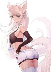 1girl animal_ears aoi_tooru arknights ass bare_shoulders boots bright_pupils brown_eyes brown_gloves brown_shorts brown_sports_bra closed_mouth cowboy_shot elbow_gloves gloves grey_hair grey_tail highres long_hair looking_at_viewer platinum_(arknights) shorts simple_background solo sports_bra standing tail thigh_boots very_long_hair white_background white_boots white_pupils white_shorts