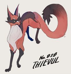 absurdres character_name closed_mouth commentary_request gen_8_pokemon grey_background highres looking_back nigiri_(ngr24) nintendo no_humans pokedex_number pokemon pokemon_(creature) signature simple_background solo thievul toes yellow_eyes