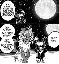 2girls 2koma animal_ears bracelet collar comic commentary emo-girl_(grs-) english_commentary english_text fangs full_moon greyscale grs- highres jewelry medium_hair monochrome moon multiple_girls night night_sky no_mouth open_mouth original pun sky spiked_bracelet spiked_collar spikes star_(sky) starry_sky tail werewolf wolf_ears wolf_girl wolf_tail yuri