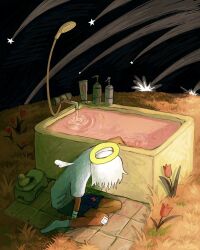 Rule 34 | 1other, bandaged arm, bandages, bath stool, bathtub, black shorts, black sky, blood, facing down, faucet, flower, grass, halo, highres, kojima midoriko, night, no shoes, original, outdoors, red flower, rubber duck, self-harm, shirt, shooting star, short hair, short sleeves, shorts, shower head, sitting, sky, soap bottle, socks, solo, star (sky), stool, surreal, tile floor, tiles, toothpaste, tulip, water, white hair, white shirt, white socks, wings, wrist cutting, yellow halo